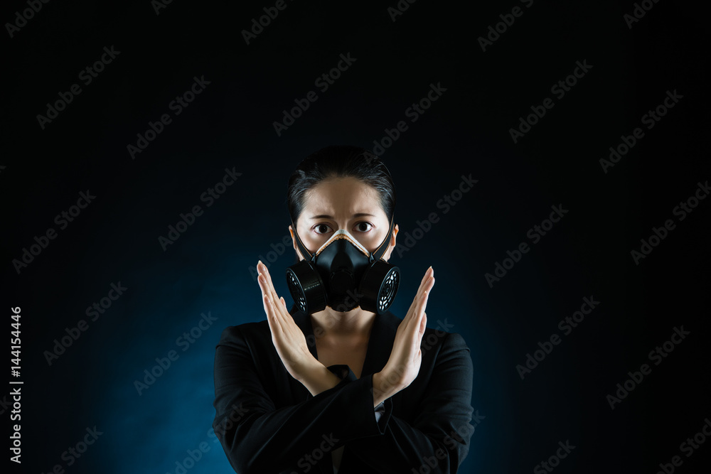 People in gas mask with refuse gesture hand People in gas mask with refuse gesture hand