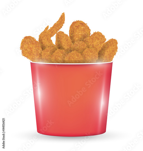 red bucket full of a fried chicken on a white background