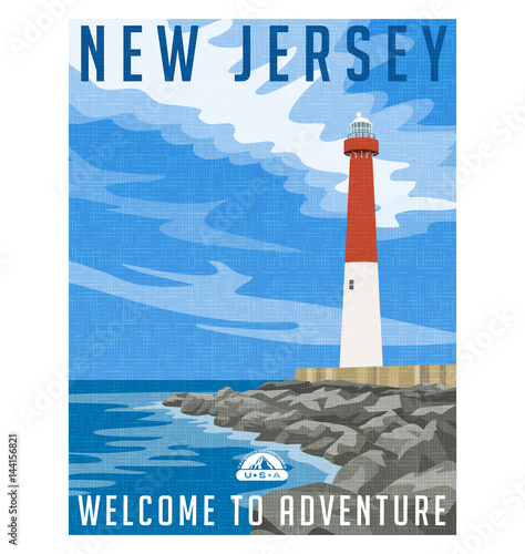 New Jersey travel poster or sticker. Vector illustration of historic lighthouse on the Atlantic coast.