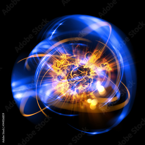 3D Atom icon. Luminous nuclear model on dark background. Glowing energy balls. Molecule structure. Trace atoms and electrons..Physics concept. Microscopic forms. Nuclear reaction element. Supernova