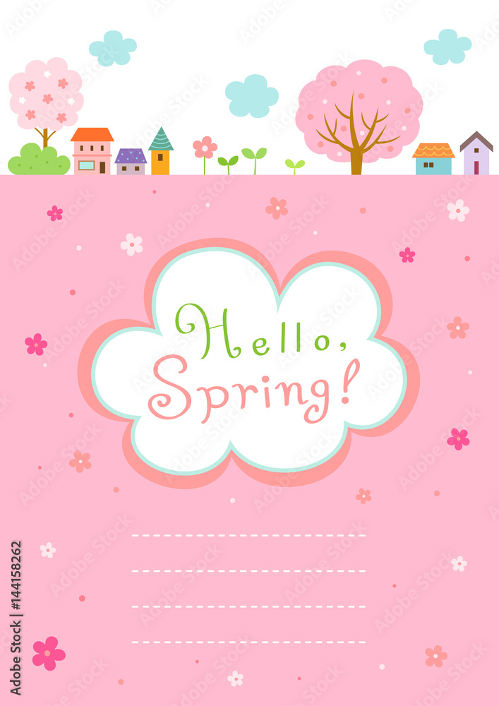 Spring landscape background with cute frame template.