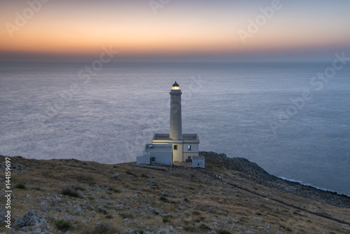 Otranto, province of Lecce, Salento, Apulia, Italy. Dawn at the lighthouse Faro della PalascÃ¬a. This lighthouse marks the most easterly point of the Italian mainland.