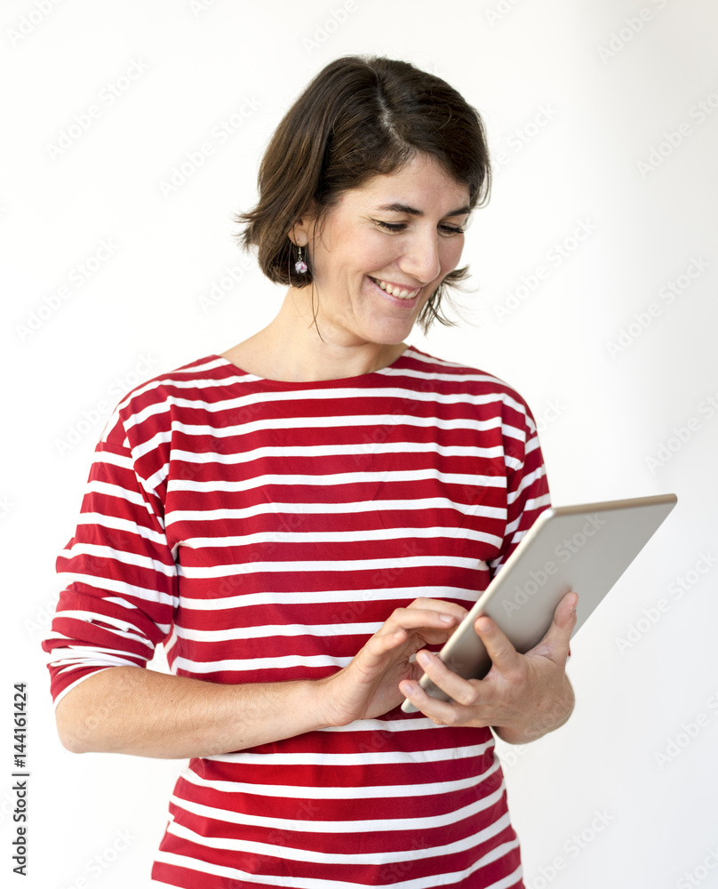 Adult Woman Smile Use Tablet Studio Portrait Adult Woman Smile Use Tablet Studio Portrait