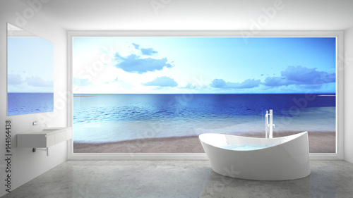Minimalist white and gray bathroom with big panoramic window  summer beach in the background