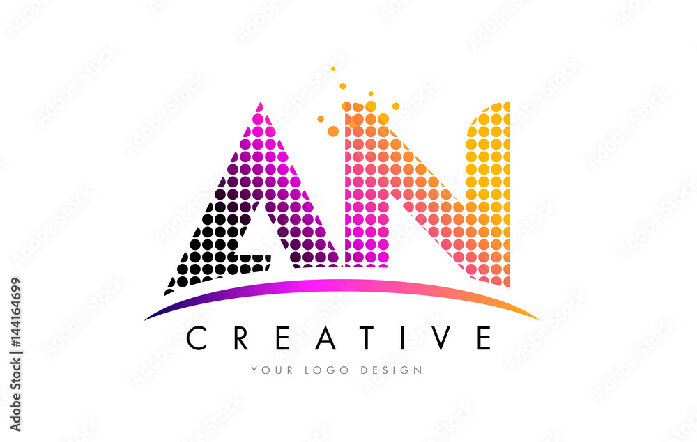 AN A N Letter Logo Design with Magenta Dots and Swoosh