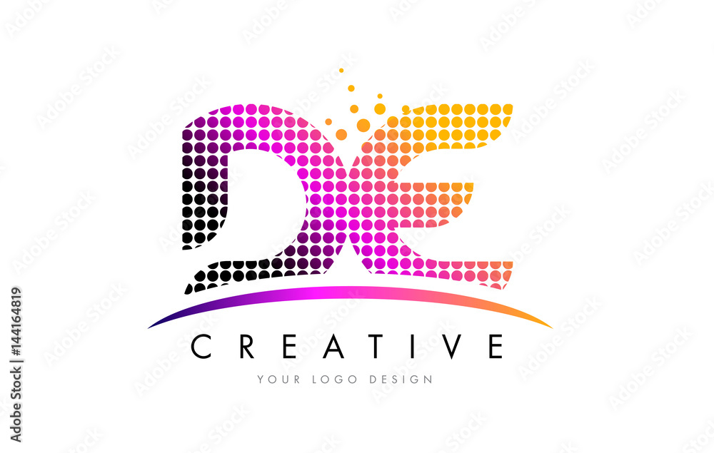 DE D E Letter Logo Design with Magenta Dots and Swoosh