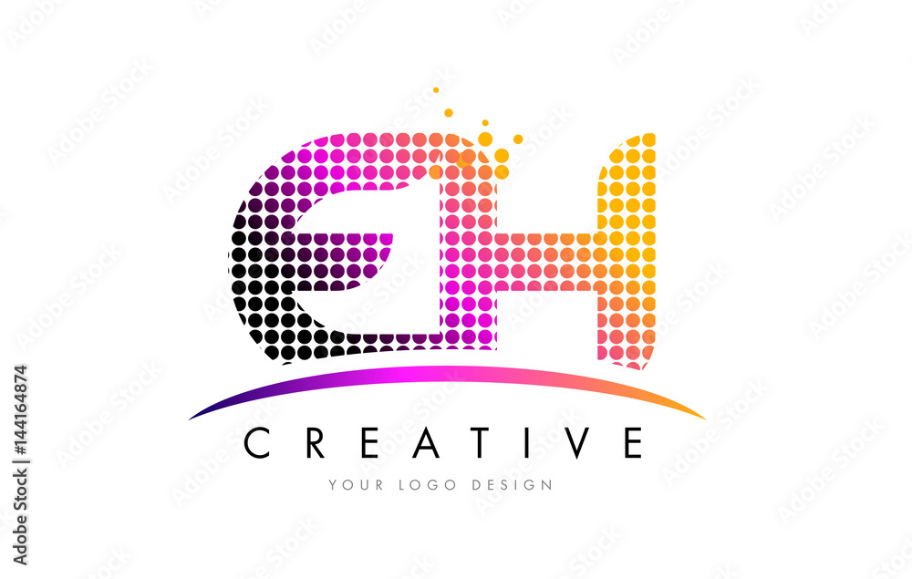 EH E H Letter Logo Design with Magenta Dots and Swoosh