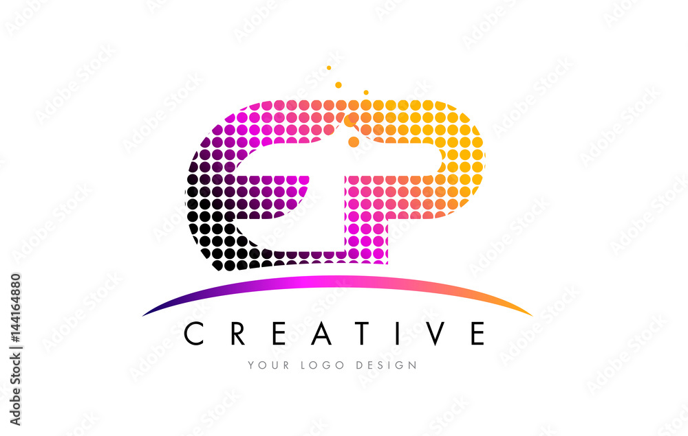 EP E P Letter Logo Design with Magenta Dots and Swoosh