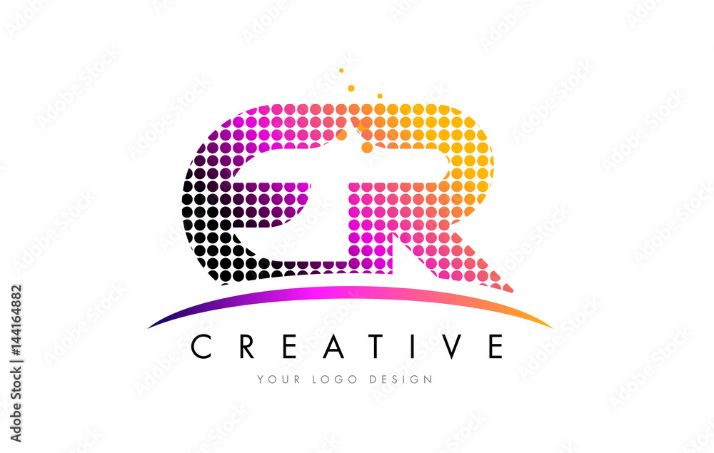 ER E R Letter Logo Design with Magenta Dots and Swoosh