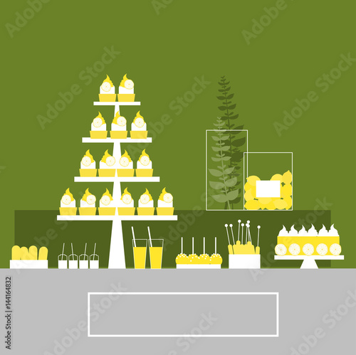 Candy Buffet with lemon cake and cupcaakes. Wedding dessert bar. Birthday sweet table. Vector illustration.