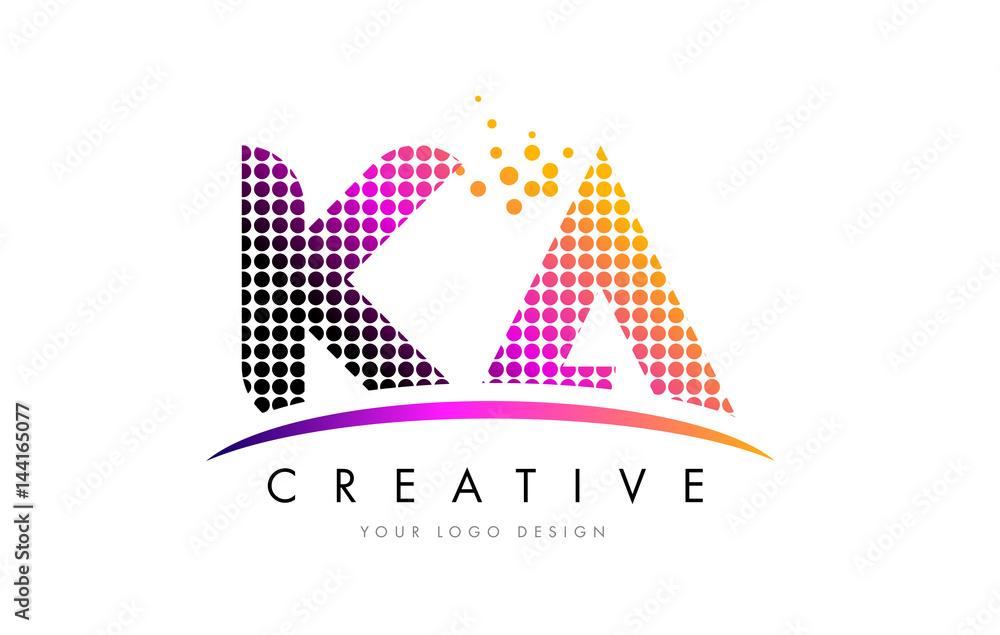 KA K A Letter Logo Design with Magenta Dots and Swoosh