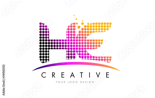 HE H E Letter Logo Design with Magenta Dots and Swoosh