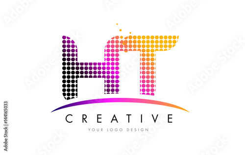 HT H T Letter Logo Design with Magenta Dots and Swoosh