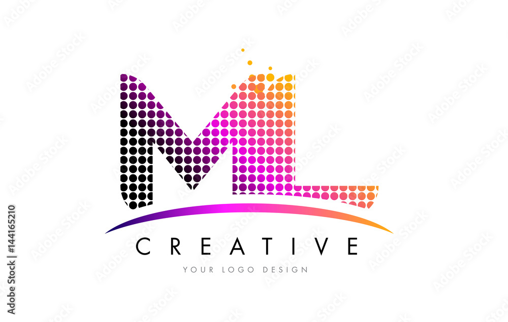 Fototapeta premium ML M L Letter Logo Design with Magenta Dots and Swoosh