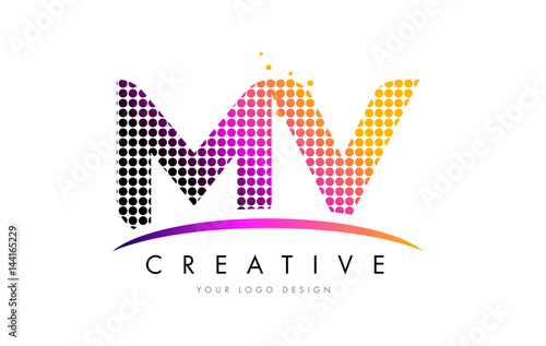 MV M V Letter Logo Design with Magenta Dots and Swoosh