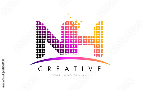 NH N H Letter Logo Design with Magenta Dots and Swoosh