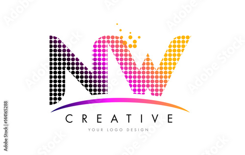 NW N W Letter Logo Design with Magenta Dots and Swoosh photo