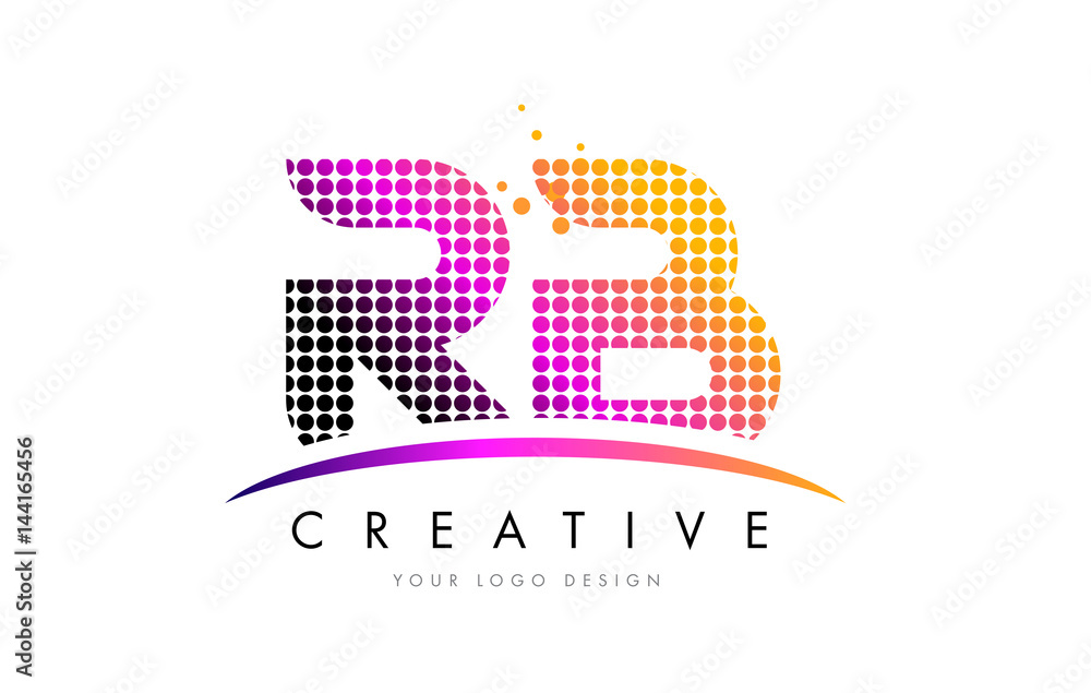 RB R B Letter Logo Design with Magenta Dots and Swoosh