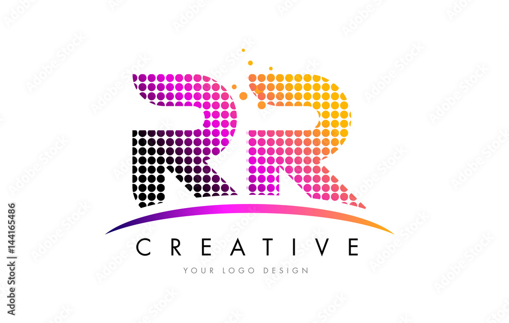 RR R Letter Logo Design with Magenta Dots and Swoosh