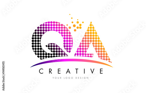 QA Q A Letter Logo Design with Magenta Dots and Swoosh