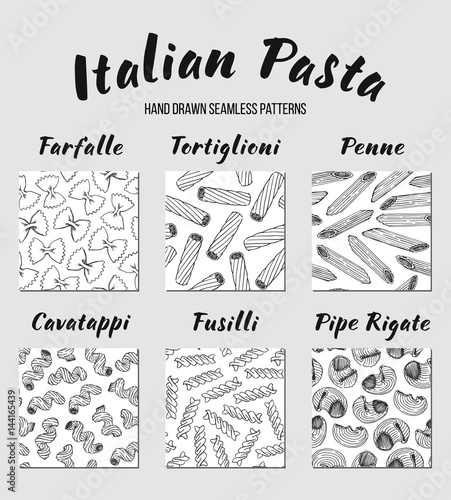 Hand drawn Italian Pasta. Seamless pattern and names set. Vector illustration