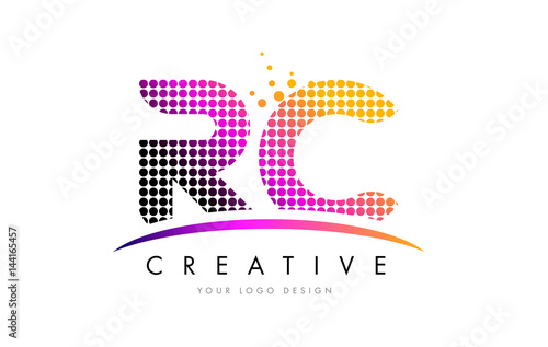 RC R C Letter Logo Design with Magenta Dots and Swoosh