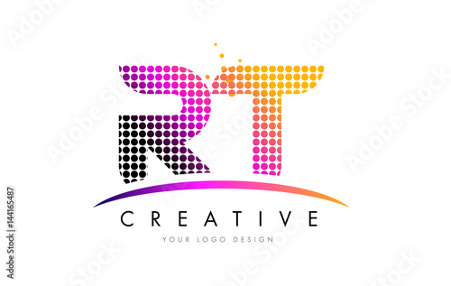 Free Download RT R T Letter Logo Design with Magenta Dots and Swoosh - GFXLoad