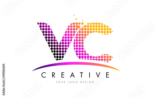 VC V C Letter Logo Design with Magenta Dots and Swoosh