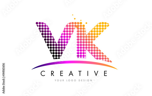 VK V K Letter Logo Design with Magenta Dots and Swoosh