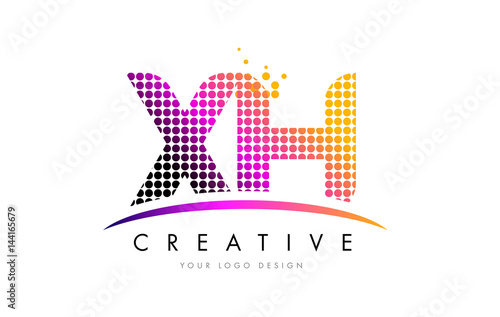 XH X H Letter Logo Design with Magenta Dots and Swoosh