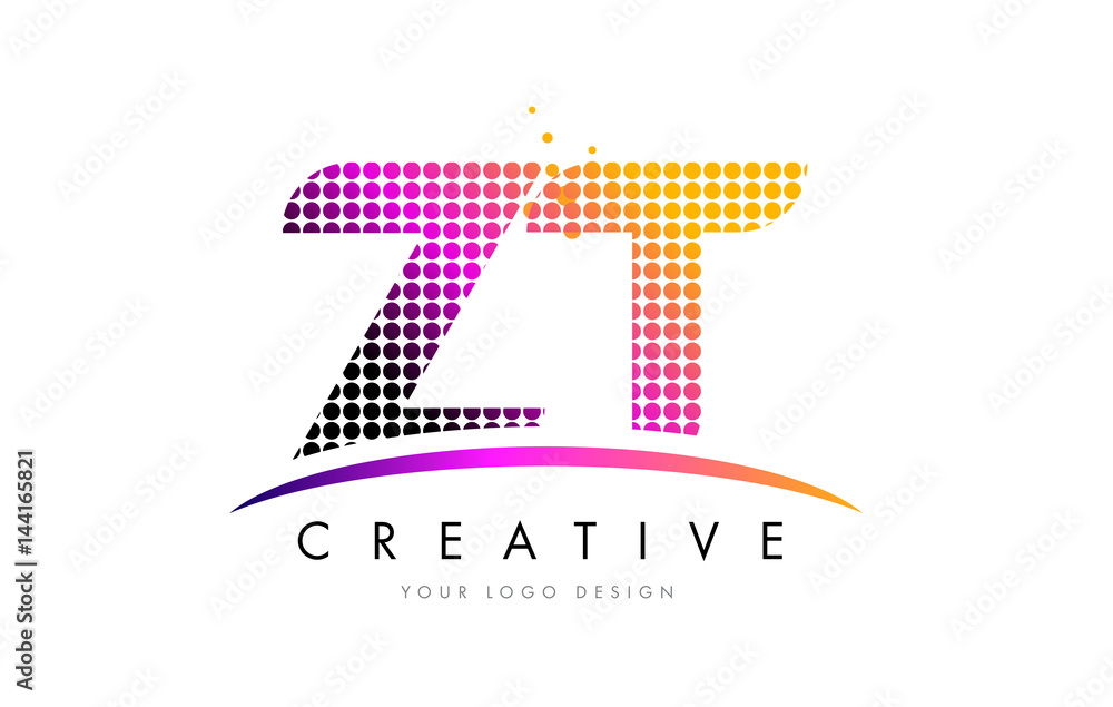 ZT Z T Letter Logo Design with Magenta Dots and Swoosh