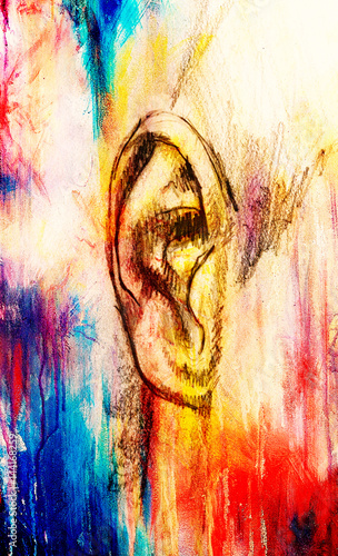 artistic sketch of face parts, detail of ear, on colorful structured abstract background.