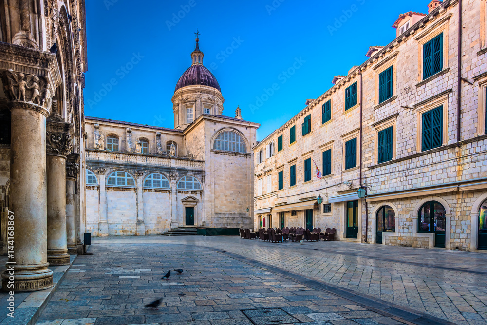 Architecture cathedral Dubrovnik. / Beautiful view on old outdoors architecture in famous touristic and historic destination in Croatia, town Dubrovnik, Europe.
