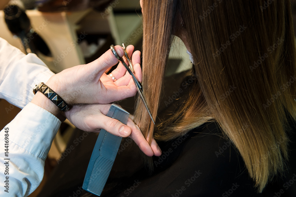 Hairdresser holding hot thermal scissors cutting lock of long straight hair  closeup. Hairdresser salon, modern technique, new hairdo concept.  Professional hands in work, he is cutting long female hair Stock Photo