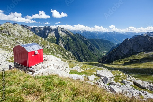 The camping Molteni Valsecchi in top Val del Ferro, with a top view of Valtellina, Val Masino. Lombardy Italy Europe photo