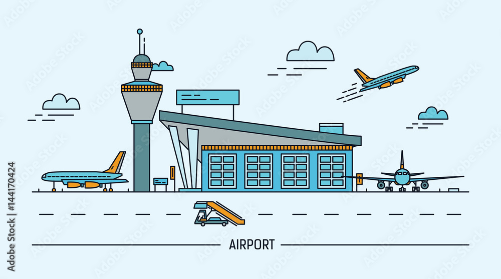 Naklejka Airport, aircraft. Lineart colorful vector illustration with air terminal and airplanes.