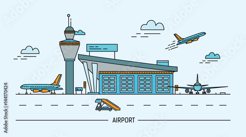 Airport, aircraft. Lineart colorful vector illustration with air terminal and airplanes.