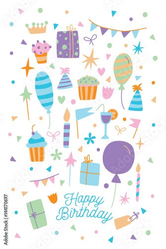 Happy birthday card. Vector illustration of cartoon postcard with gift box, sweets and balloons.
