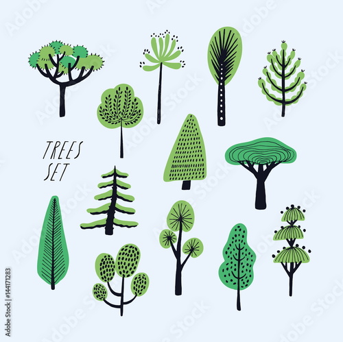 Set of cartoon doodle trees. Beautiful hand drawn childish, primitive style illustration collection.
