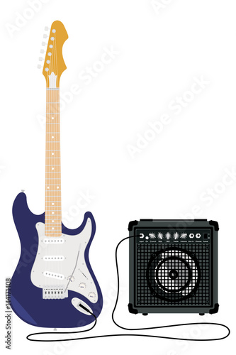 Blue electric guitar with strings and amplifier isolated on white background.