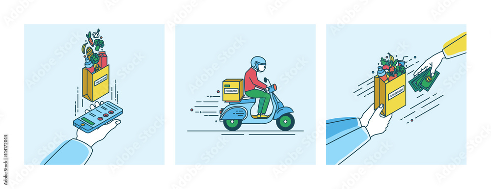 Food delivery concept. Lineart Illustration set in flat style. Food delivery concept. Lineart Illustration set in flat style.