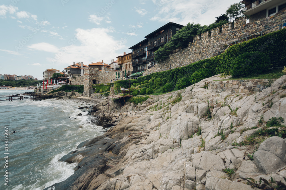 Old town Sozopol at Black Sea. Picturesque sea landscape. Coastline in the old town of Sozopol at Black Sea, Bulgaria. Old fortress wall. Architectural and Historic Complex.