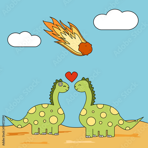 cute cartoon couple of dinosaurs in love during meteor strike funny concept vector illustration