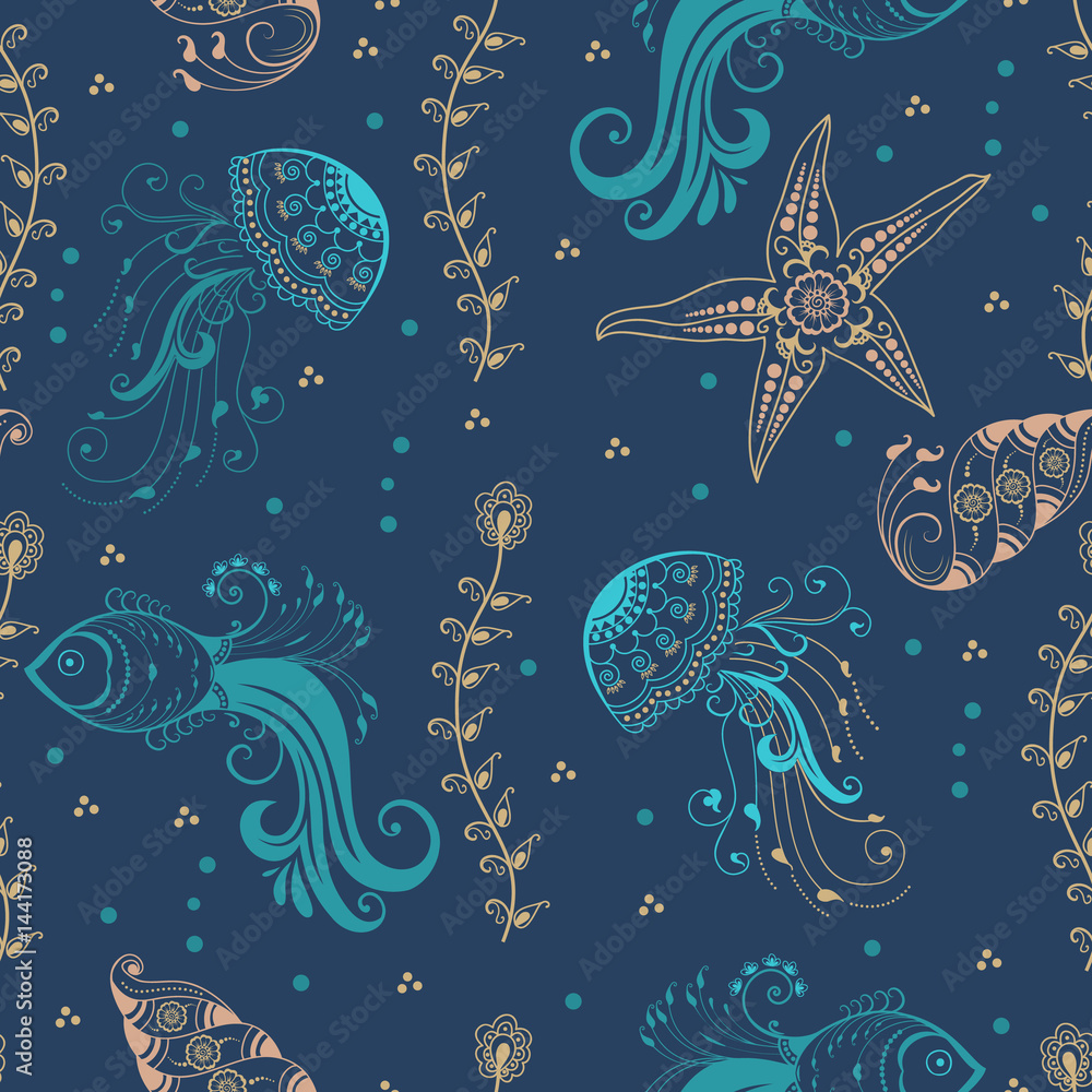 Vector abstract pattern element with marine creatures in indian mehndi style. Abstract henna floral vector illustration. Vector abstract pattern element with marine creatures in indian mehndi style. Abstract henna floral vector illustration.