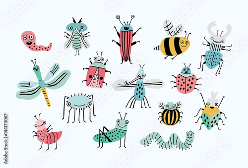 Funny bug set. Collection happy cartoon insects. Colorful hand drawn illustration. photo