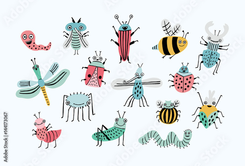 Funny bug set. Collection happy cartoon insects. Colorful hand drawn illustration.