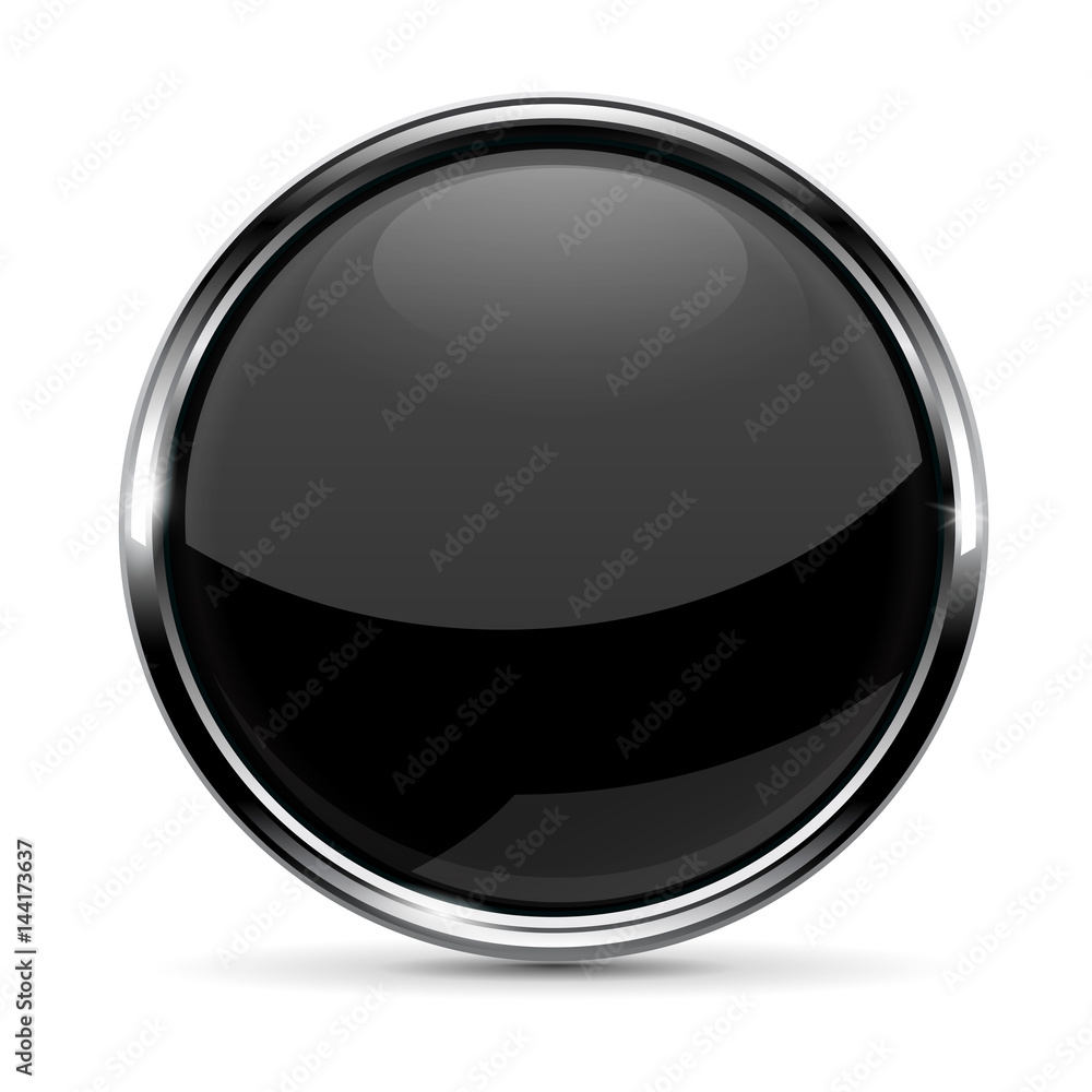 Black glass button with chrome frame isolated on white background Black glass button with chrome frame isolated on white background