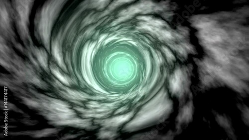 Interdimensional Portal. On a black background, a tunnel swirling clouds and pulling them into themselves. At the end of the tunnel there is a bright greenish light. 
