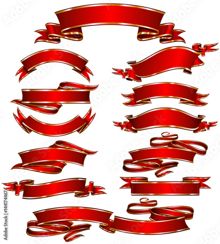 Set of red ribbon banners with gold contours on white background. Vector illustration. photo