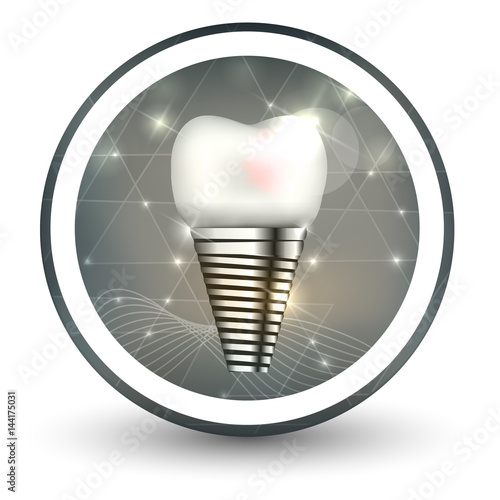 Tooth implant round shape icon, abstract transparent shapes and wave at the background